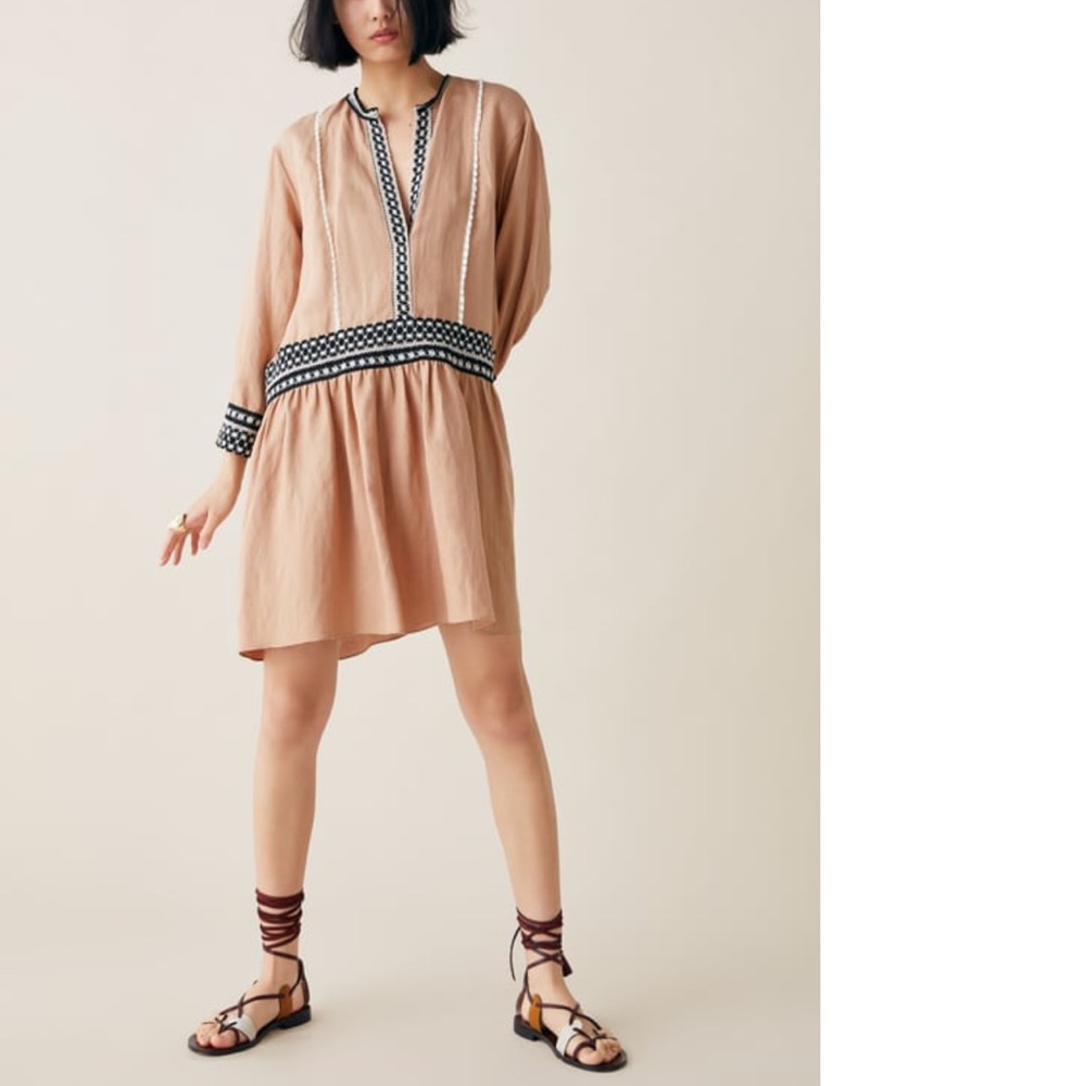 Zara Women's Sz Medium Linen Blend Mini Dress Drop Waist Embroidery Details Tan